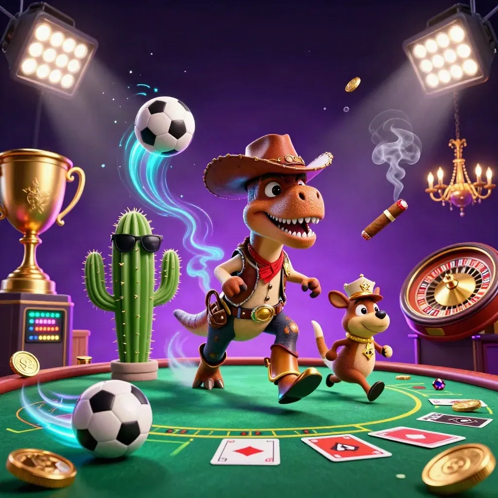 Cartoon T-Rex, cactus, and roadrunner in a neon casino with spinning wheel and flying sports balls.