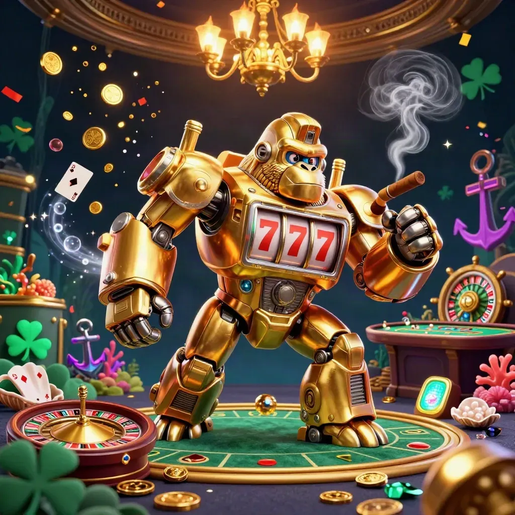 Golden gorilla mech and monkey pilot amid casino treasure, coral, fireworks, and spinning reels