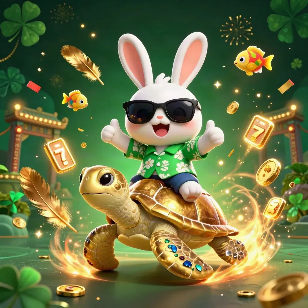 Lucky rabbit rides a gem-shell turtle through emerald casino magic and treasure bursts.