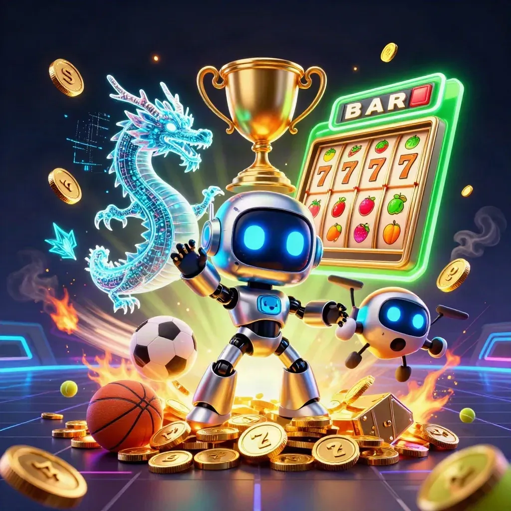 Cyberpunk robot, holographic dragon and coin drone amid sports balls, coins and neon casino effects