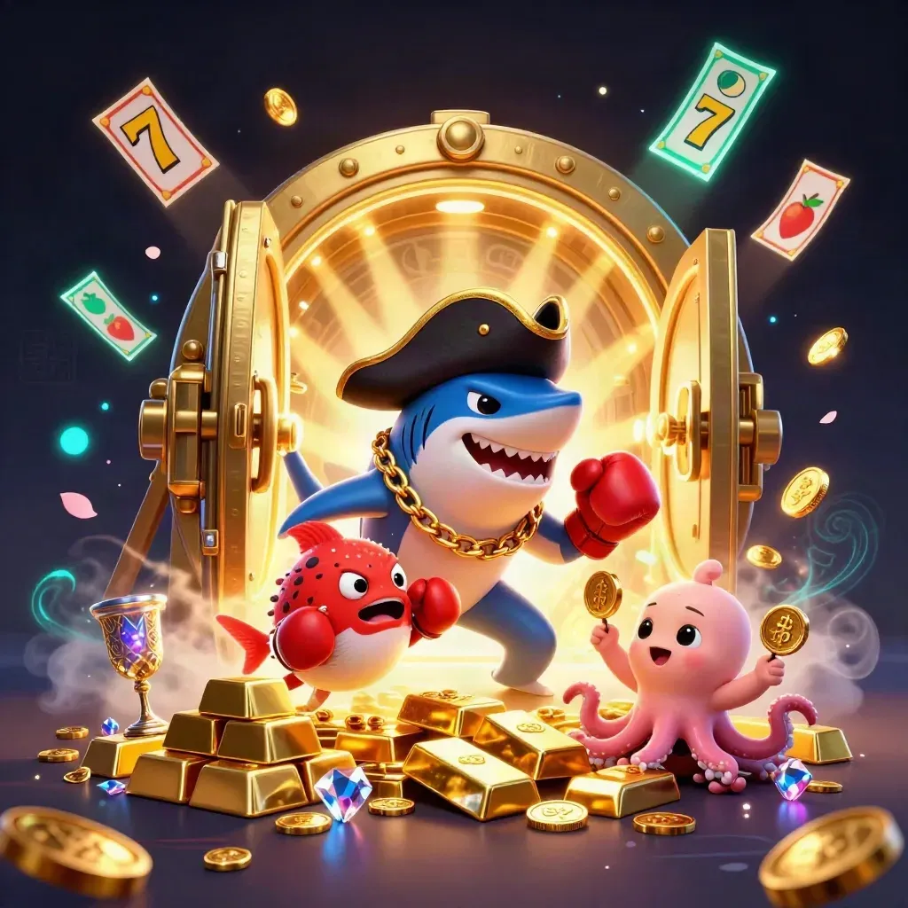 Pirate shark, boxing pufferfish, and coin-juggling octopus exploding from a treasure vault