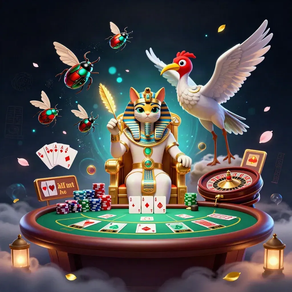 Pharaoh cat, ibis scribe, and gem-wing scarabs amid casino tables, chips, aces, and glowing lights.