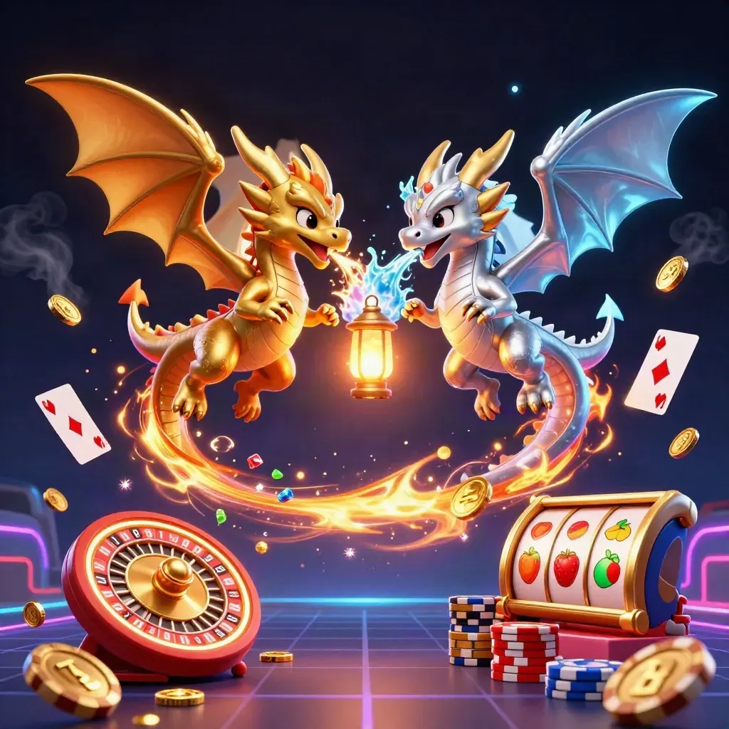 Twin gold and silver dragons spiral around a lantern spirit amid casino treasures and neon glow.