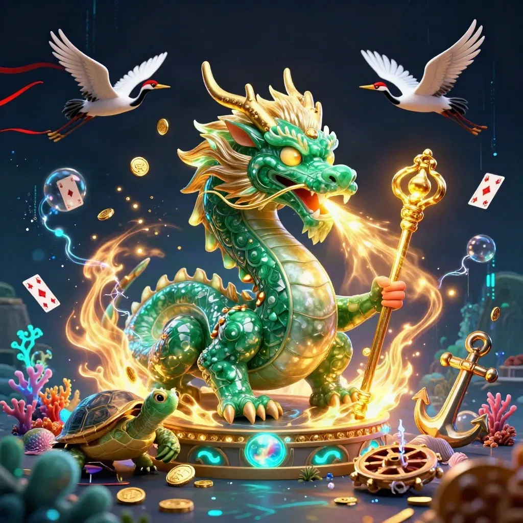 Emerald dragon, turtle sage, and cranes amid coins, coral, and glowing treasure in a neon navy cave.