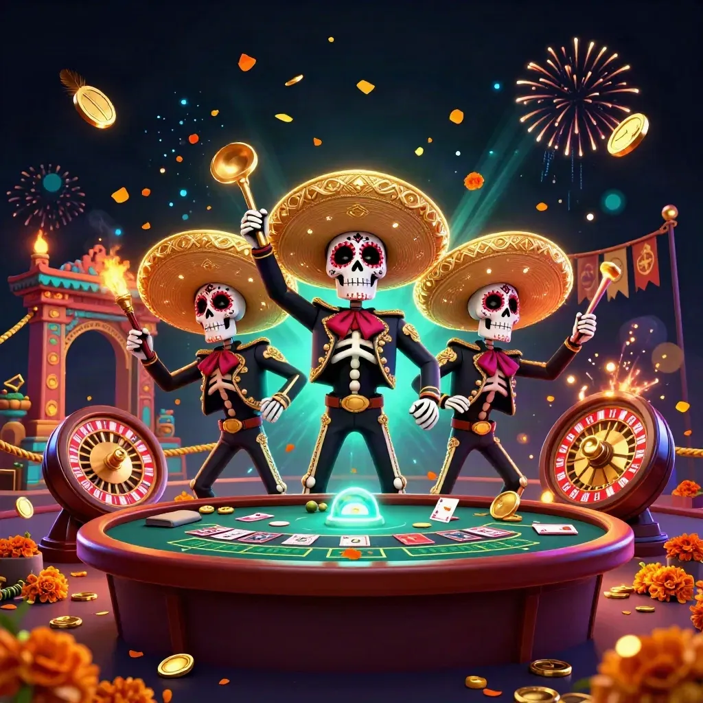 Day-of-the-Dead mariachi skeleton trio amid coins, fireworks, temple gate, and casino props