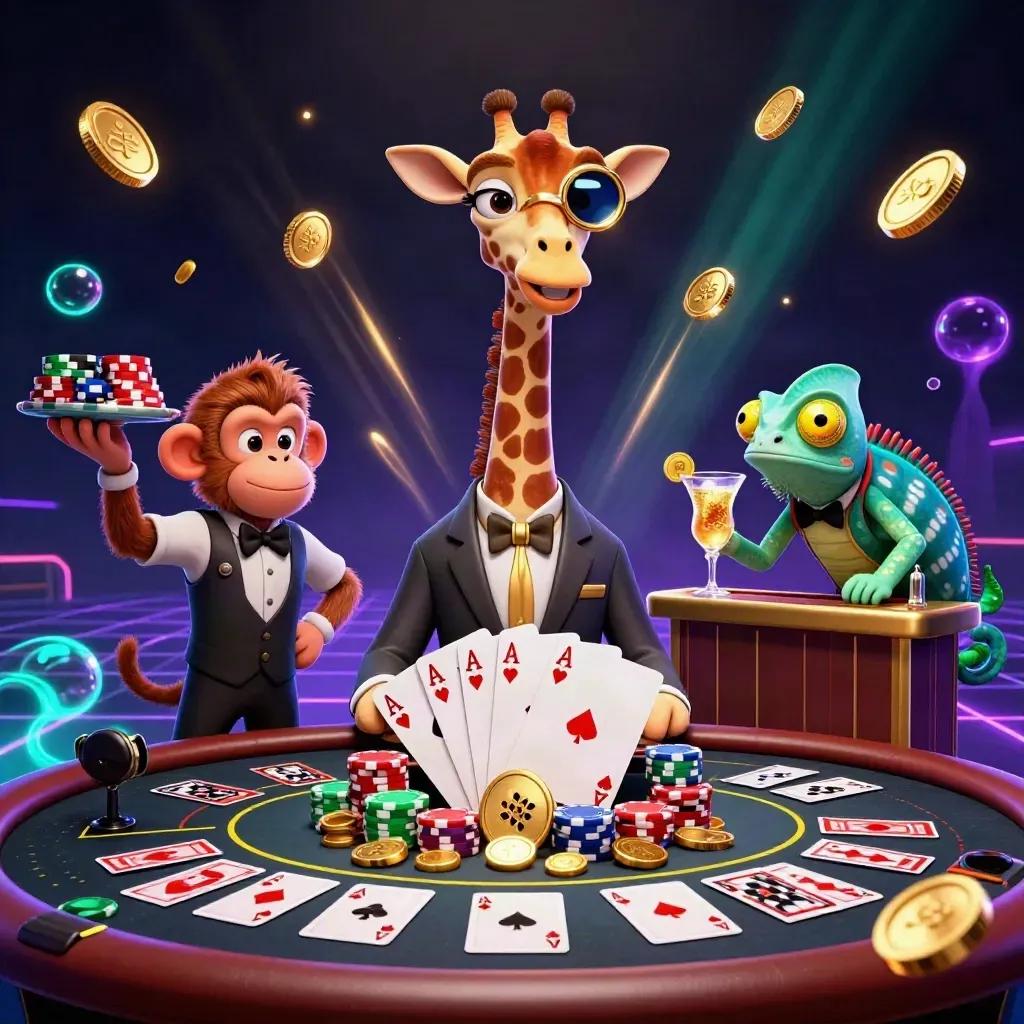 Giraffe, monkey and chameleon at a VIP poker table amid coins, chips, cards and casino glow