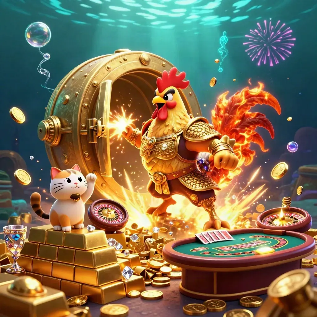 Rooster warrior, dragon hatchling, and lucky cat burst from a vault amid gold, gems, and casino lights.
