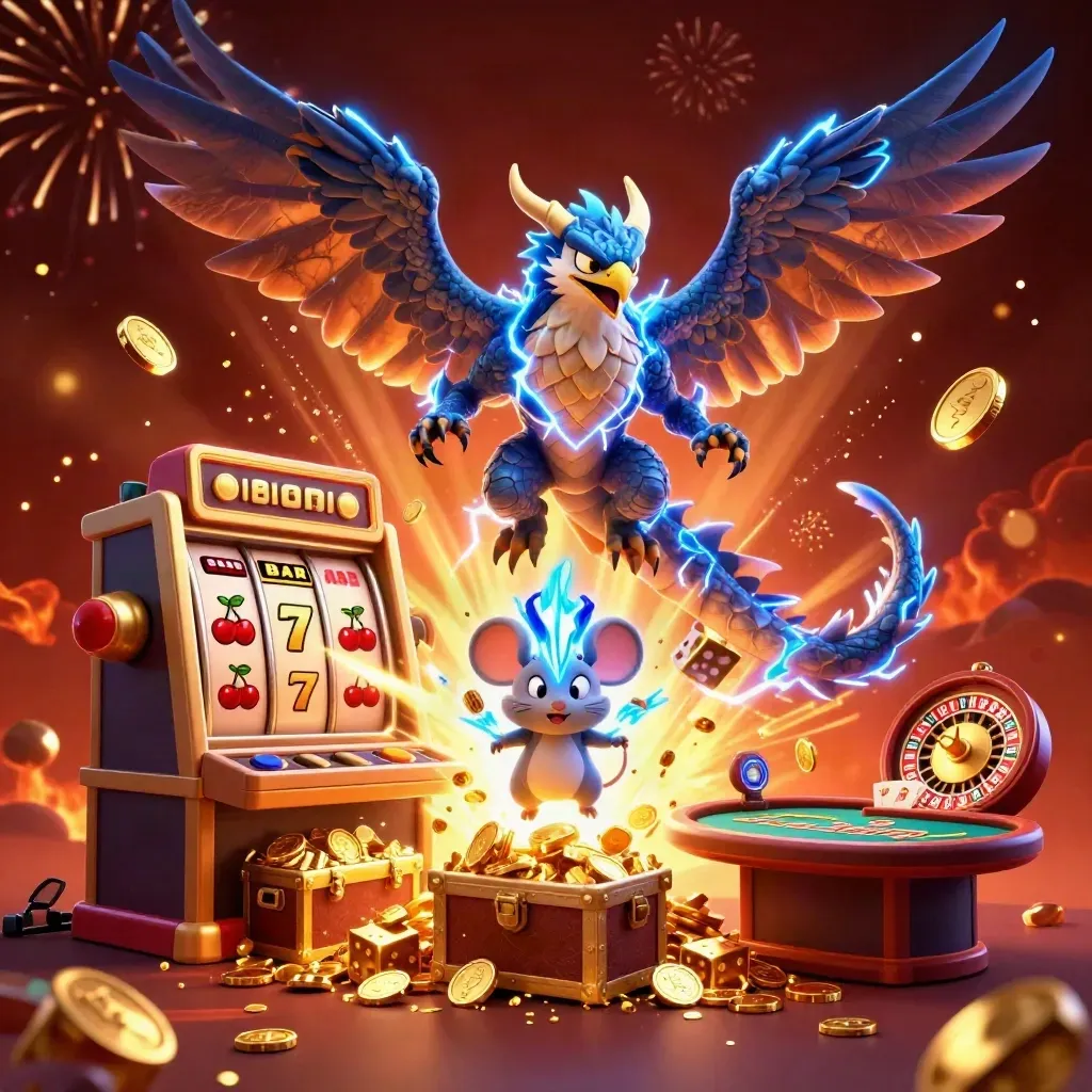 Thunder dragon, wind hawk, and static mouse amid slot symbols, gold, and casino lights.