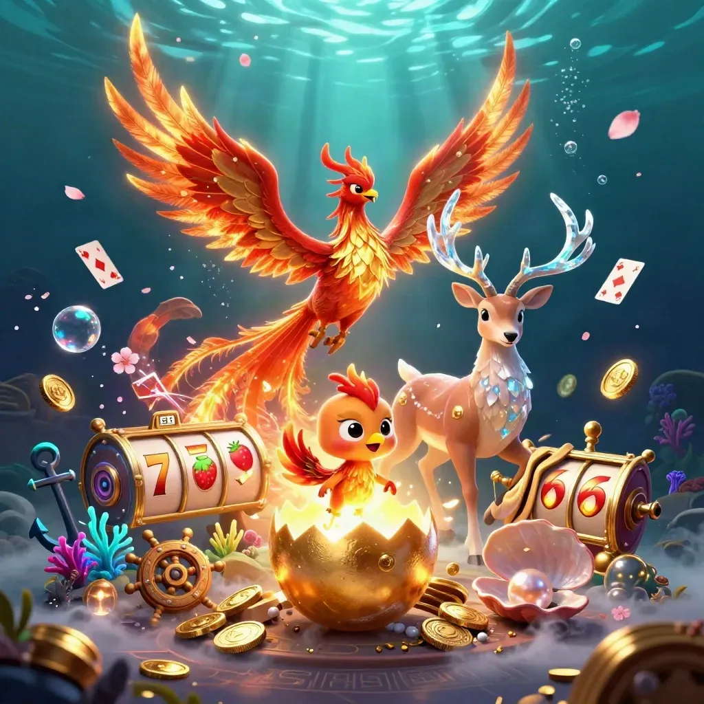 Phoenix, baby phoenix, and crystalline stag amid gold coins and underwater casino relics.