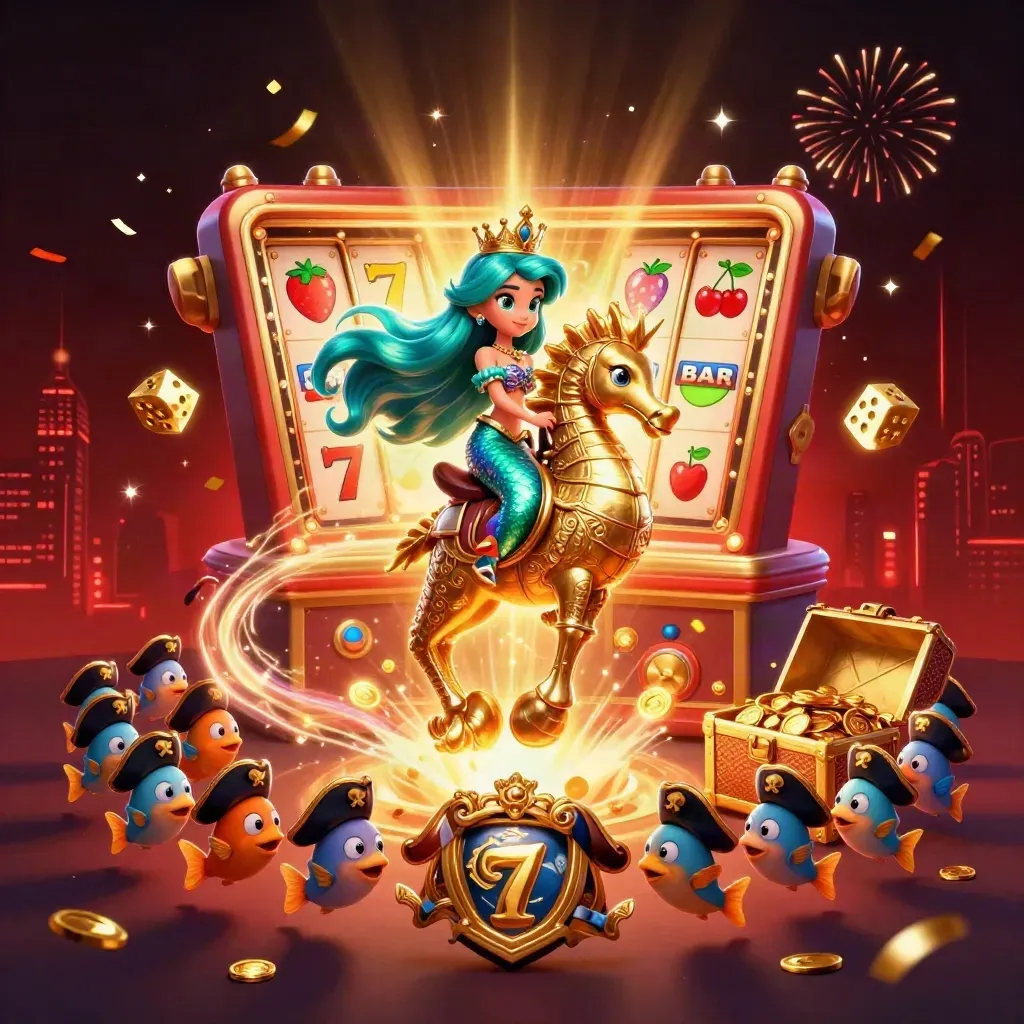 Mermaid princess on an armored seahorse amid slot symbols, treasure, and casino fireworks.