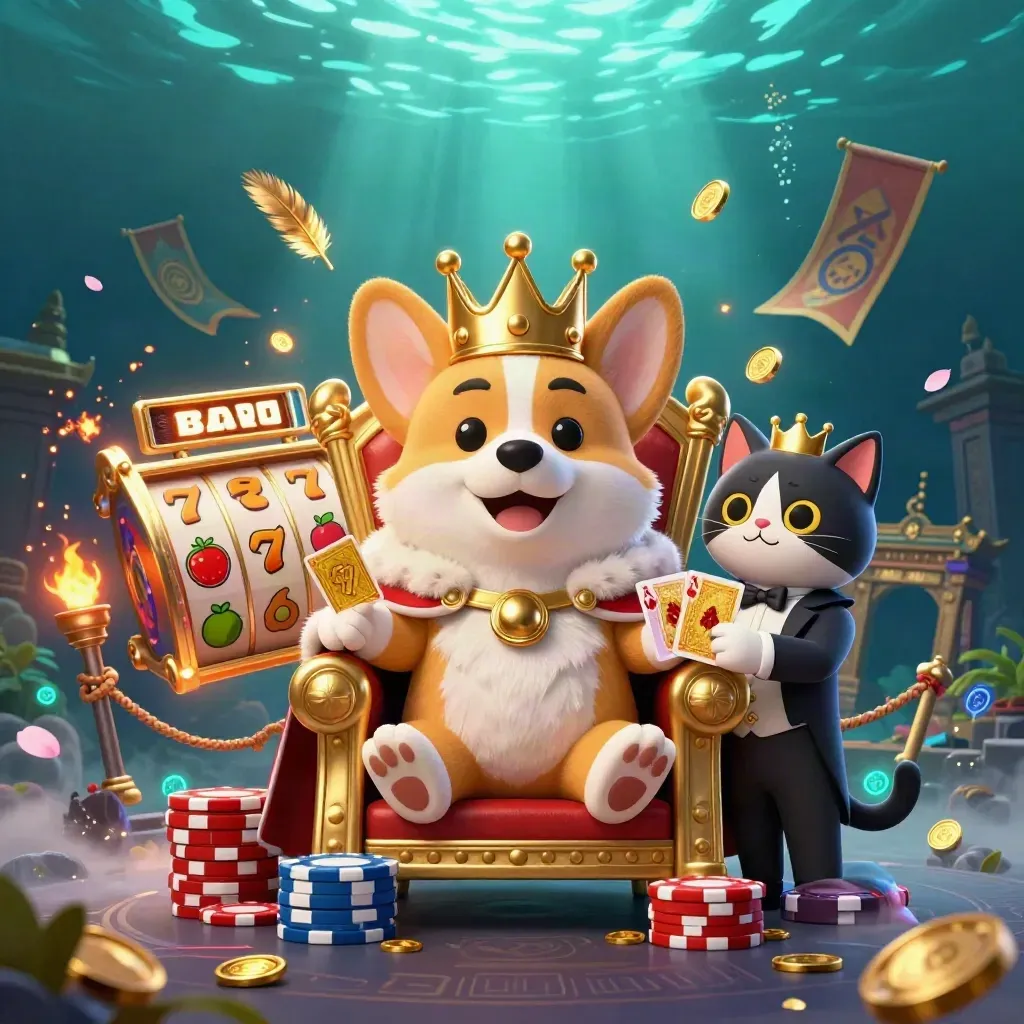 Royal corgi king and cat butler amid casino loot, temple gate, and underwater neon glow.