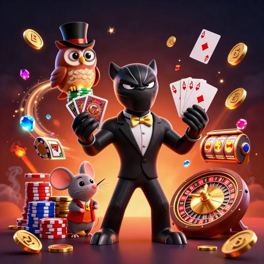Panther dealer, owl and mouse amid chips, coins, roulette wheel, slot symbols, and ember glow.
