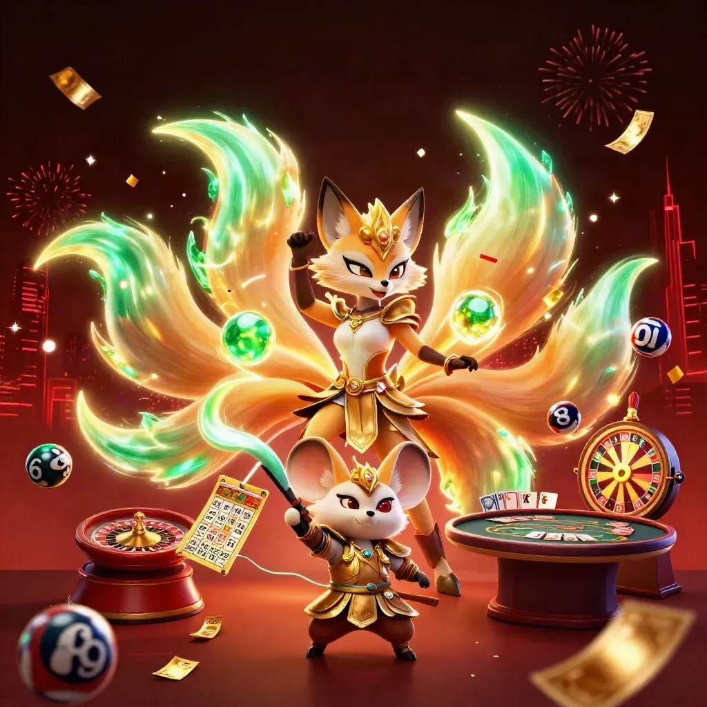Fox spirit and armored mouse amid casino rewards, wheels, confetti, sparks, and neon glow.