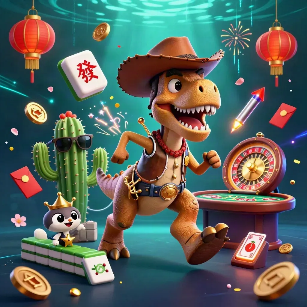Cowboy T-Rex, cactus sidekick, and sheriff roadrunner in a neon casino jackpot scene.