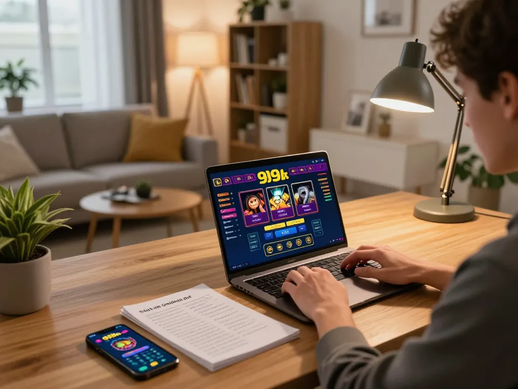 Engaged user playing 999bet online casino on laptop in cozy living room setting.