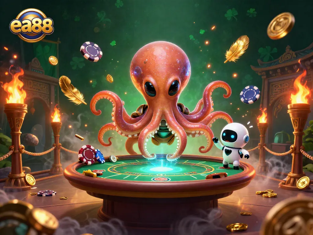 ea88 alien octopus deals poker at a holographic table, creating an exciting cosmic gambling atmosphere