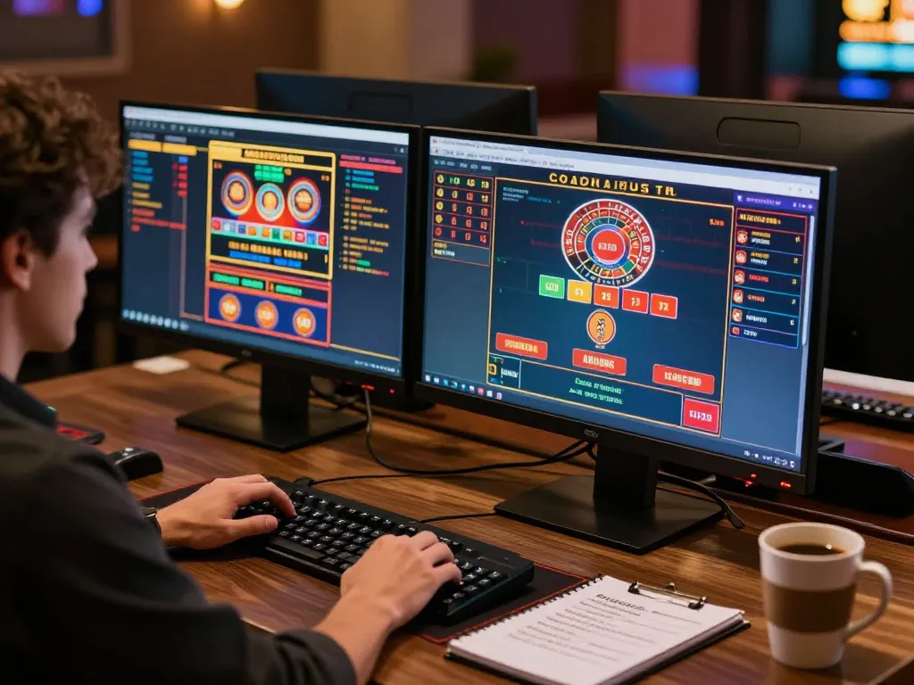 Engaged player reviewing ty-le-keo statistics on multiple monitors for effective online gambling strategy.