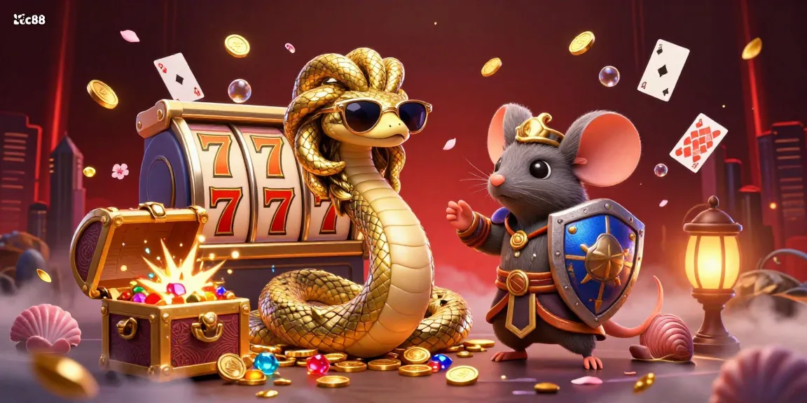 Play thrilling casino games with lc88, featuring Medusa and warrior mouse in an engaging scene.