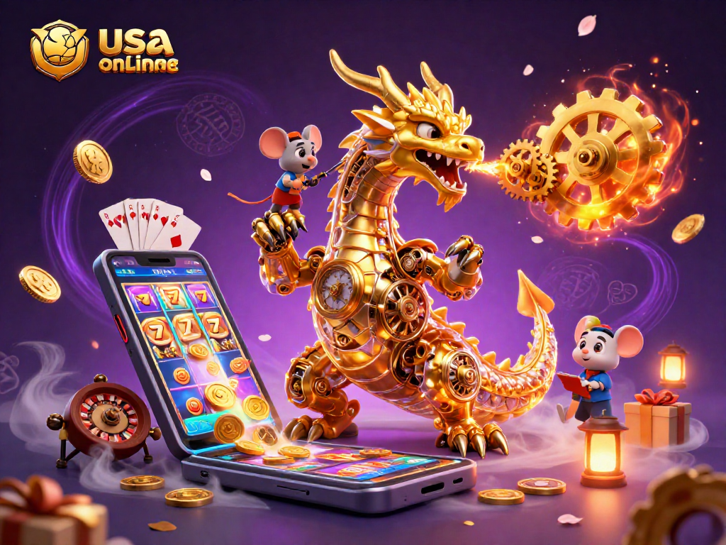 Winning in usa online casinos with colorful slot games and a fantastical dragon character.