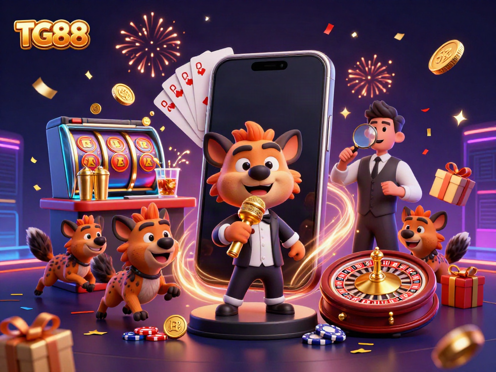 Hyenas at TG88 Casino: a stand-up comedian, bartender, and bouncer create a vibrant gaming atmosphere.