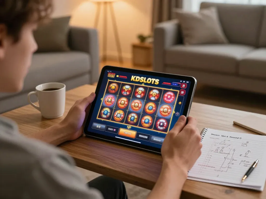 KDslots player engaged with rapid online slots gameplay from a cozy home environment.