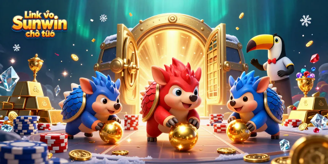 Engage with "Link vào Sunwin chính thức" through a vibrant 3D casino illustration featuring dynamic pangolins and rich gaming elements.