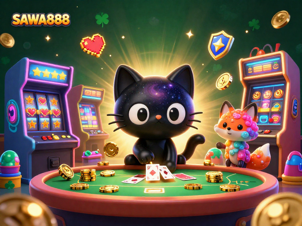 Experience the excitement of SAWA888 casino with a cosmic twist, featuring a black hole cat and nebula fox in a vibrant gaming scene.