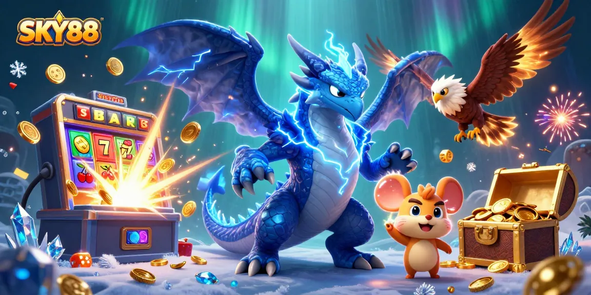 SKY88 showcases a thrilling casino scene with a thunder dragon, slot machines, and vibrant game elements.