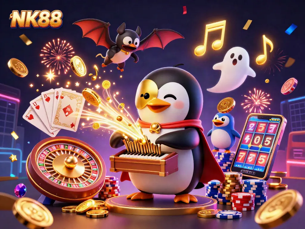 Spin reels and win at NK88, a vibrant 3D casino scene filled with gold coins and gaming excitement.