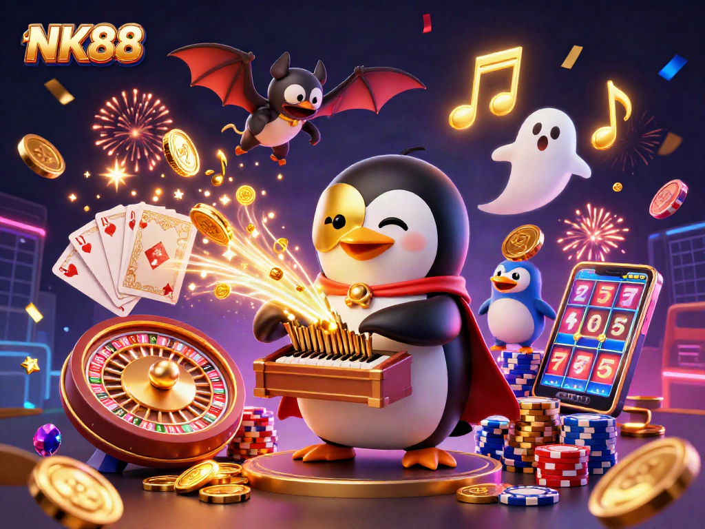 Spin reels and win at NK88, a vibrant 3D casino scene filled with gold coins and gaming excitement.