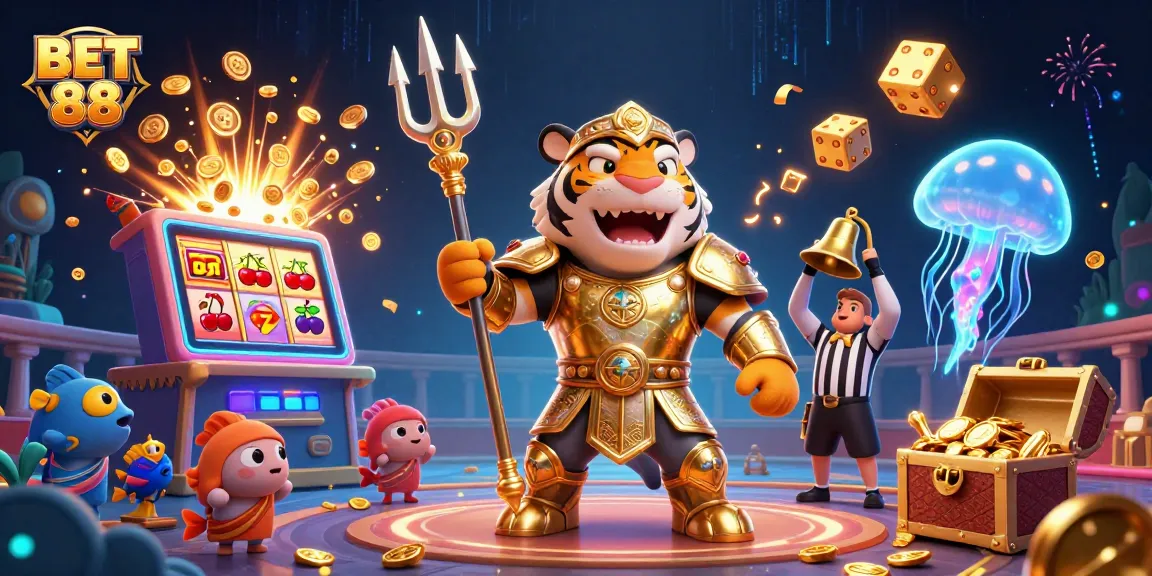 BET 88 slots and jackpot explosion featuring a tiger shark and dynamic casino elements.