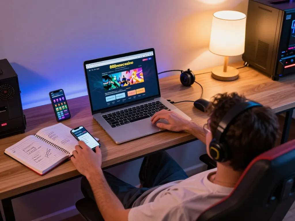 Engaging gaming moment at 888newcasino with a player using a laptop and mobile for online betting