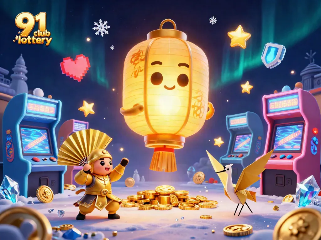 Engage with 91 club lottery in a vibrant 3D casino scene filled with golden characters and gaming elements.