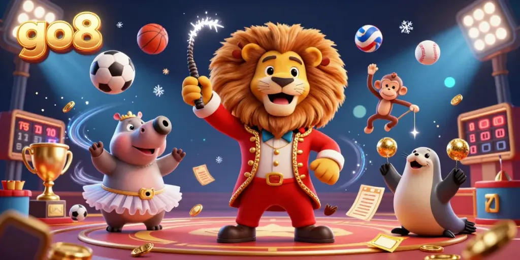 Engaging go8 casino scene with a lion, hippo, monkey, and seal among vibrant gambling elements.