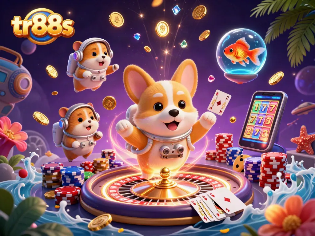 Experience exciting gaming at tr88s with floating corgi and vibrant casino elements