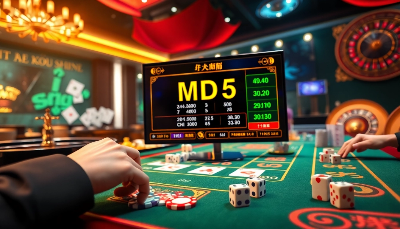 Experience Tài xỉu MD5 in a luxurious online casino setting, showcasing vibrant gaming elements and player engagement.