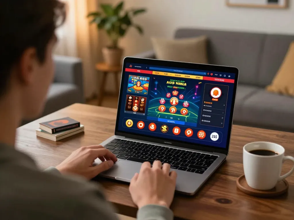 Player engaging with XX88 online casino interface at home, emphasizing strategic gameplay.