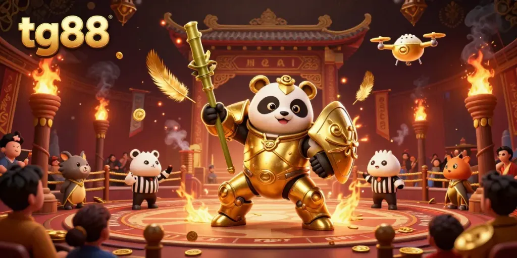 Engage in thrilling casino action with tg88 in a vibrant 3D animated scene featuring a mech-suit panda.