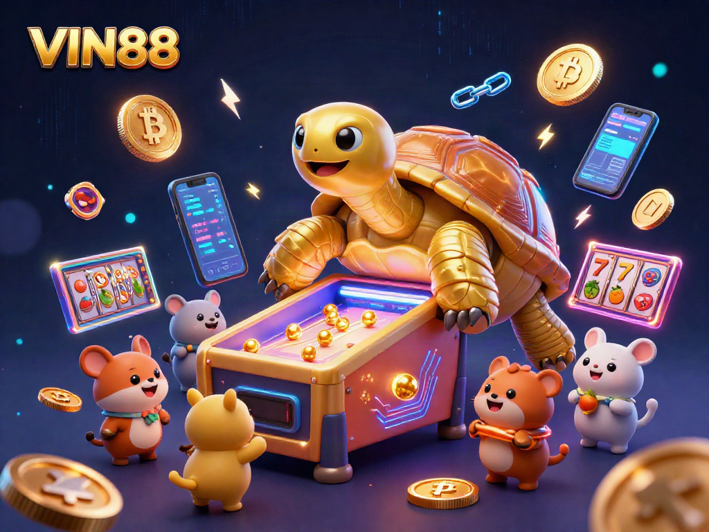 Engage with VIN88's vibrant casino world featuring golden tortoise and cryptocurrency elements.