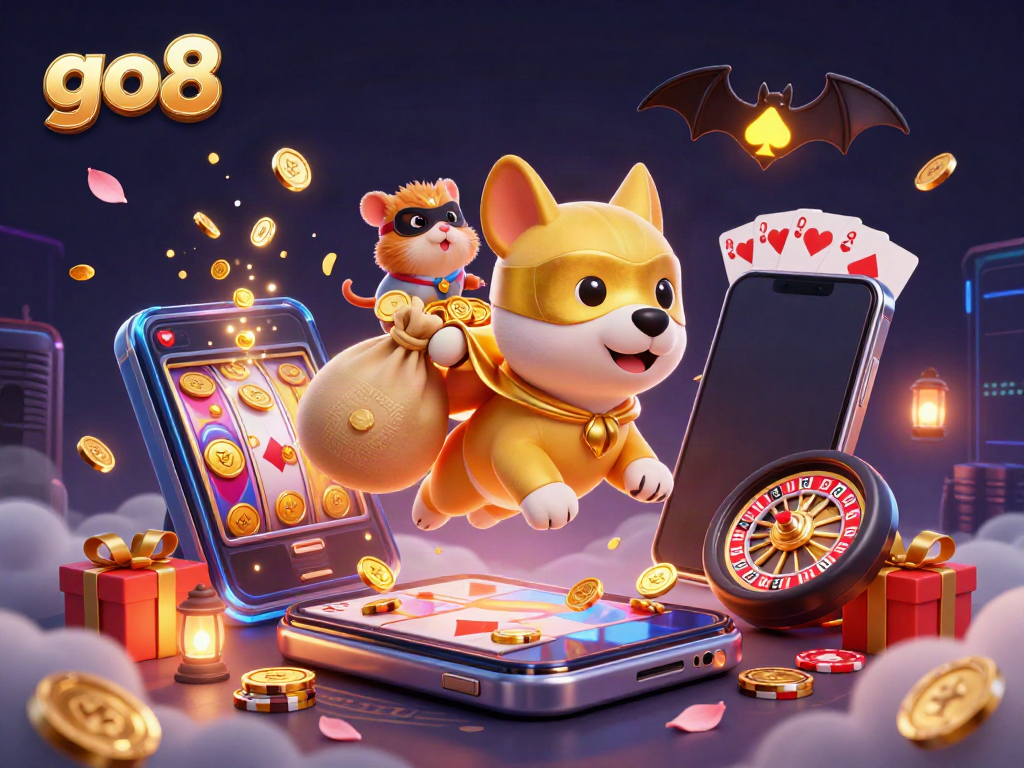 Engage in thrilling online gaming with go8 as the superhero dog and sidekick hamster soar above gold coins and casino games.