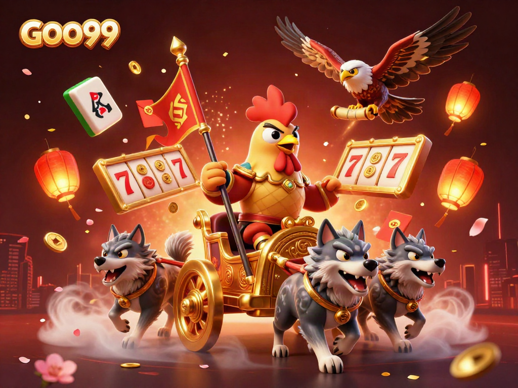 Engage with GOO99's thrilling slots featuring a rooster warlord with golden elements and dynamic game visuals.