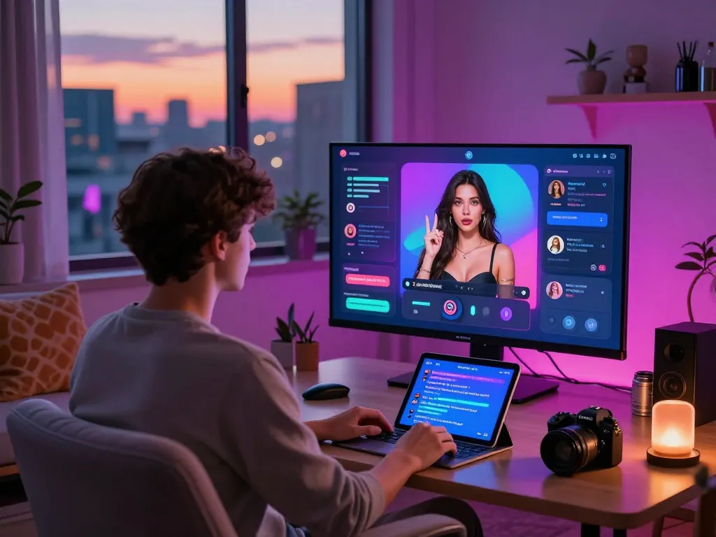 User engaging in an AI porn chat experience with a lifelike avatar on screen, showcasing vibrant and interactive features in a stylish home setting.