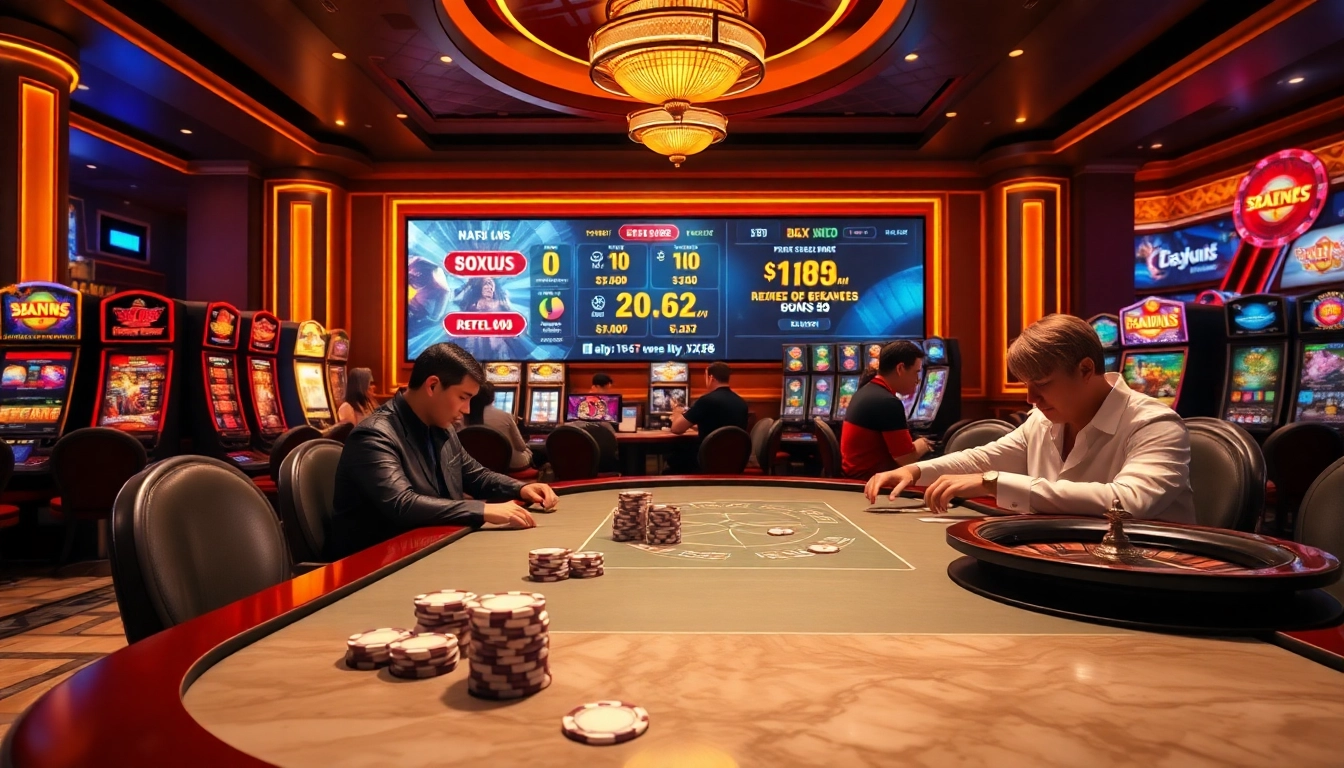 Exciting gameplay at https://xx88.day/ featuring poker chips and vibrant slot machines in a casino atmosphere.