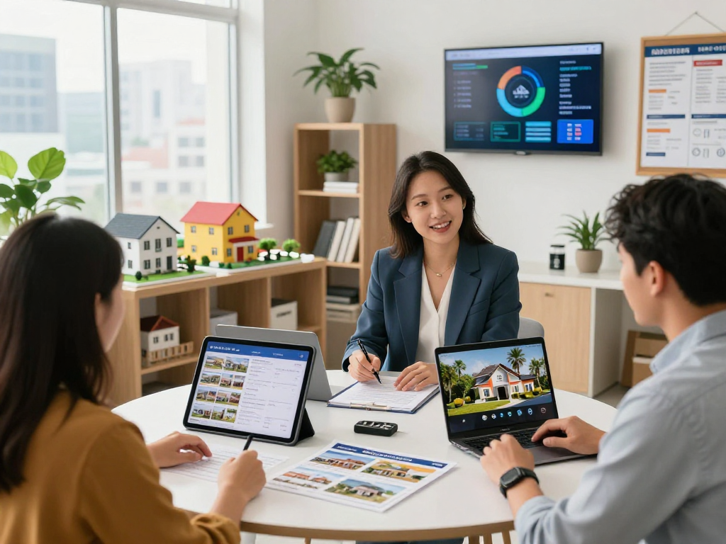 Professional real estate agent showcasing IDXSTAR technology in a vibrant office environment, engaging with clients over property listings.