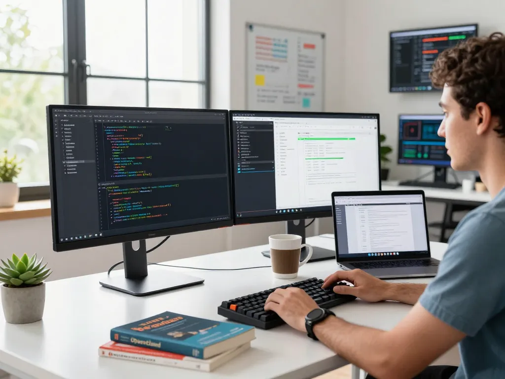Developer at a modern workspace coding OpenClawd’s features with dual monitors, coffee, and natural light.