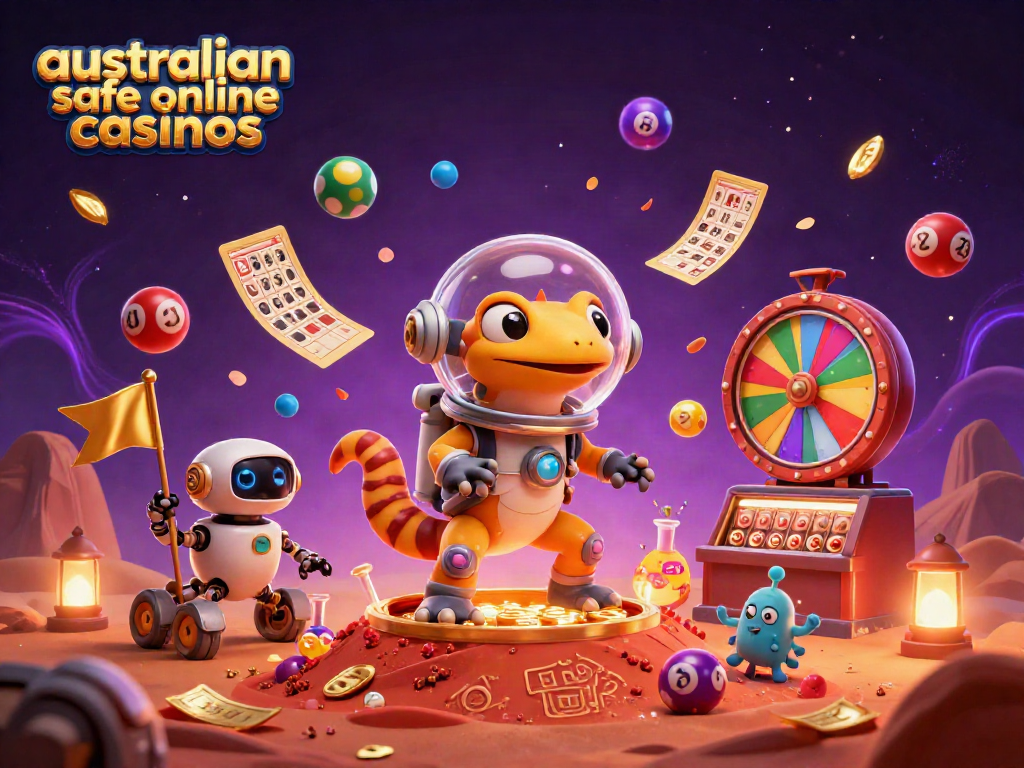 Join a Martian gecko in a retro spacesuit exploring australian safe online casinos amidst vibrant lottery elements.