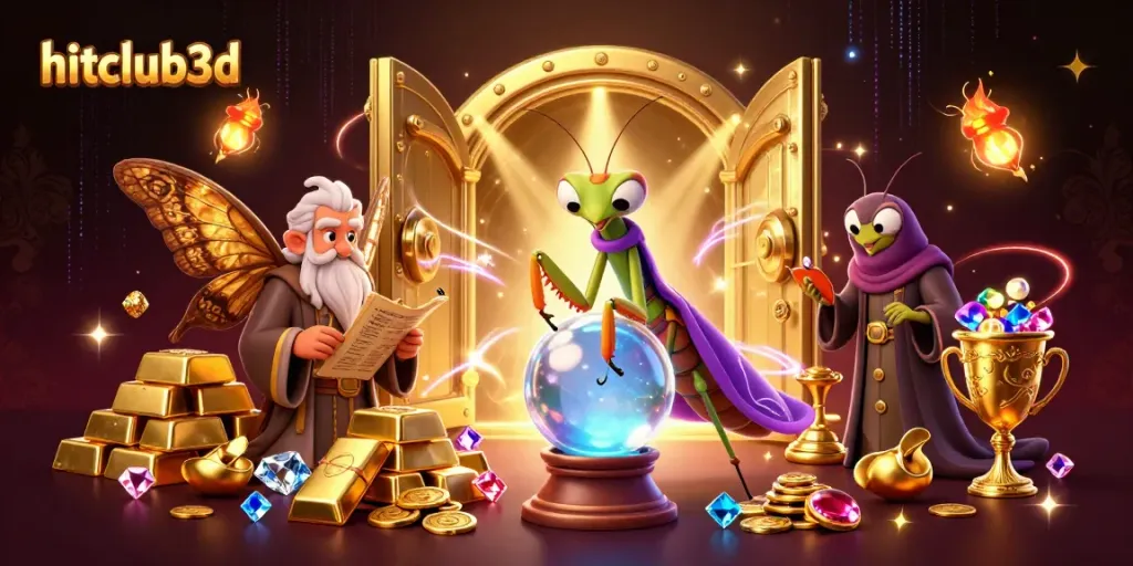 Experience the thrill of hitclub3d with colorful characters and shiny treasures in a mystical casino scene.