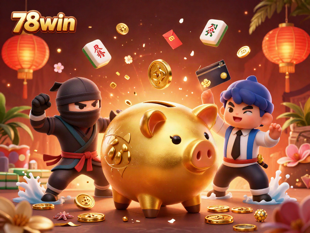 Join the fun at 78win as golden coins fall from a sumo wrestler during a vibrant casino scene.