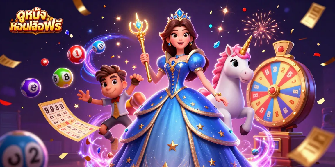 Join the fun of ดูหนังออนไลน์ฟรี while celebrating with vibrant lottery balls, spinning prize wheels, and fairy-tale characters.