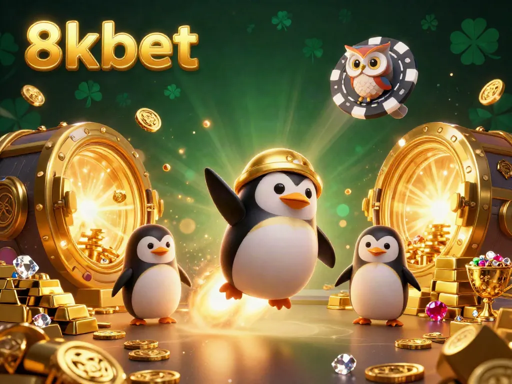 Experience the excitement of 8kbet with a 3D rocket-powered penguin soaring to a casino space station, surrounded by treasures.